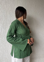 Olive wrap-tie solid cotton kurti