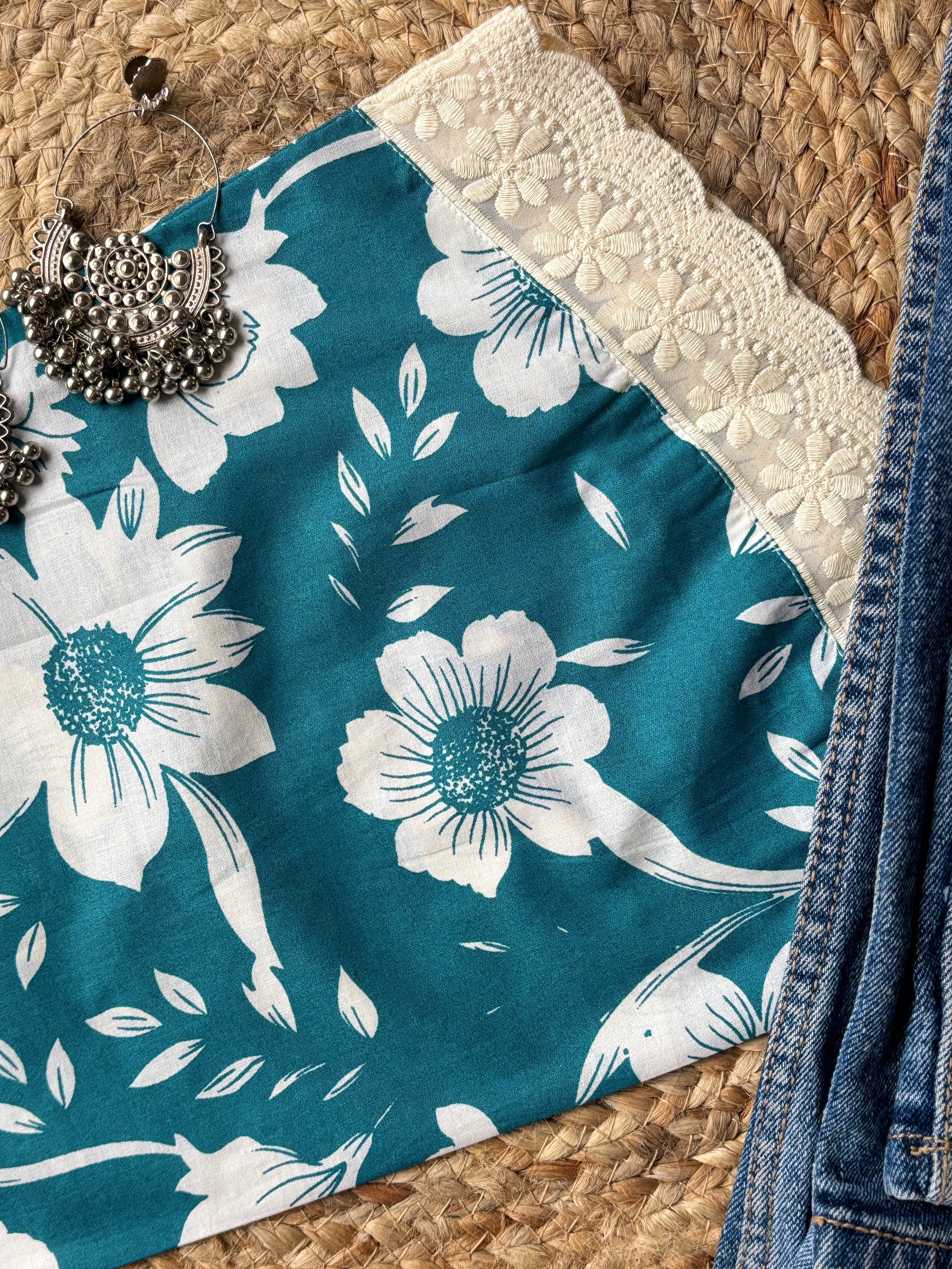 Teal bell sleeves short kurti