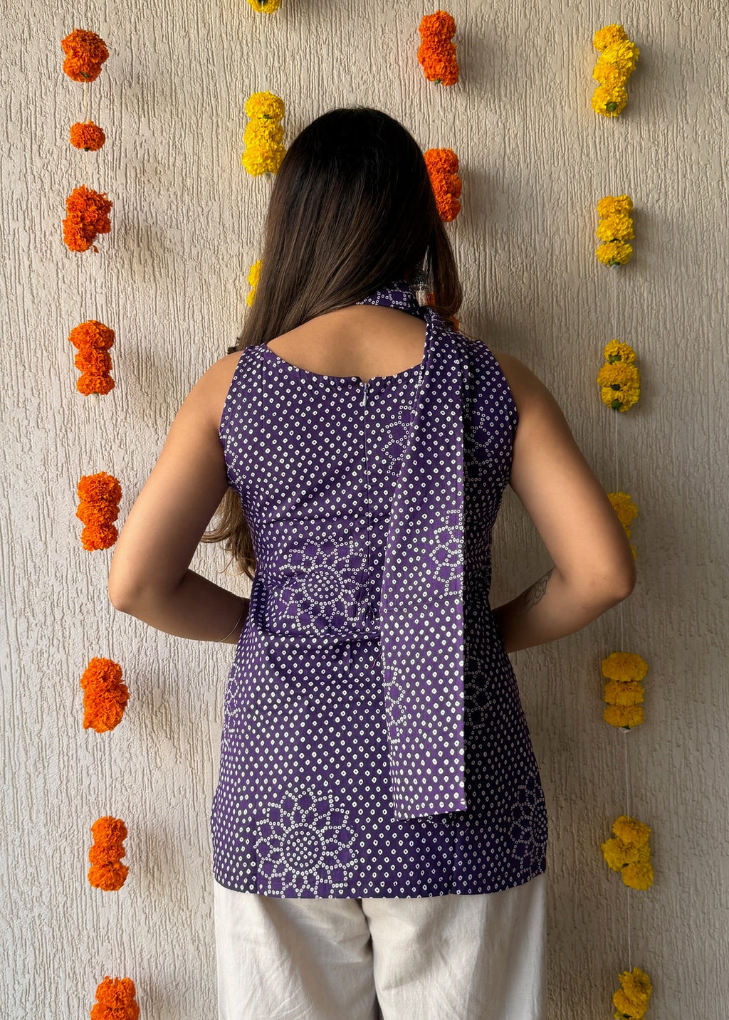 Purple flower cotton short kurti with scarf