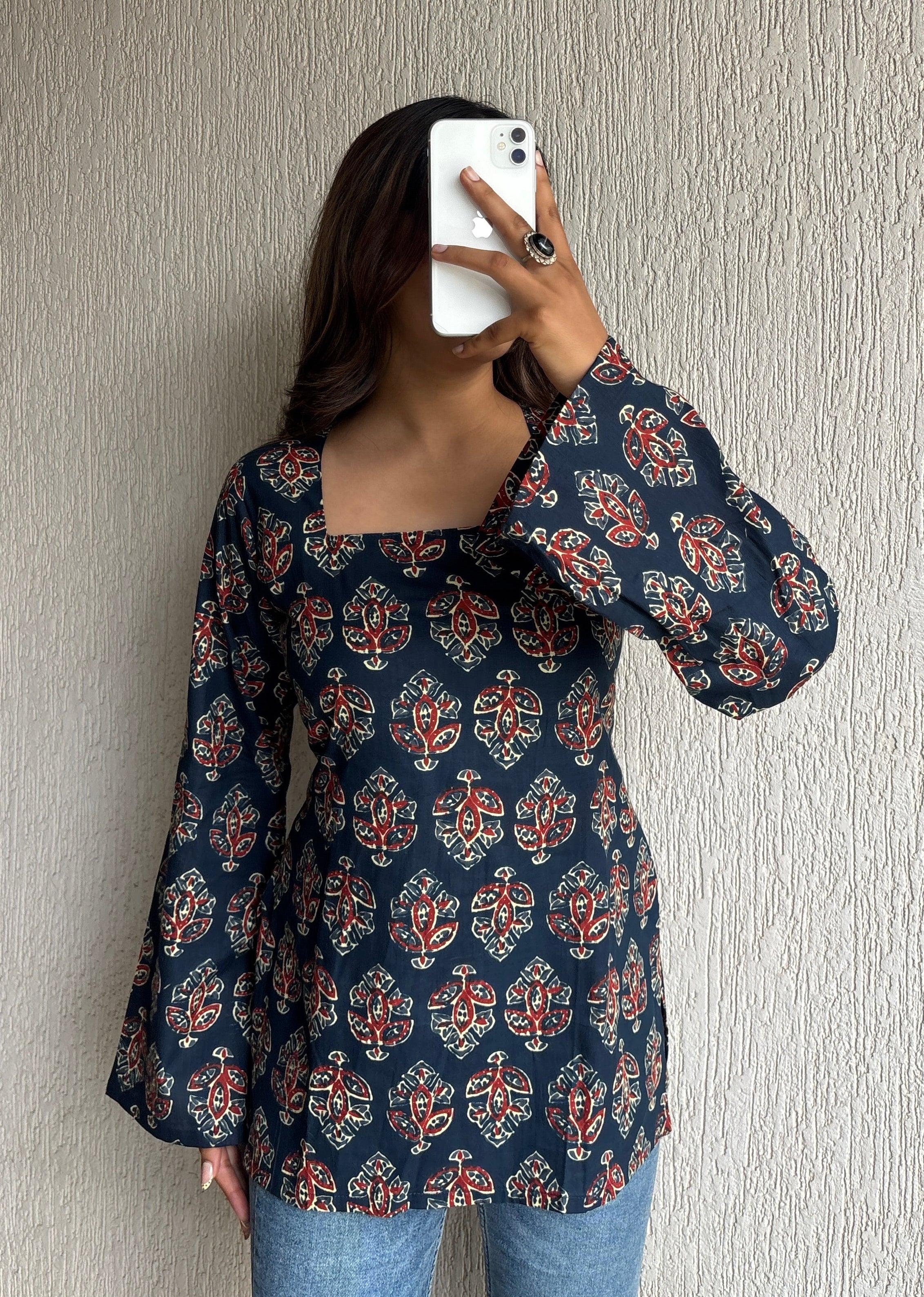 Navy blue square neck short kurti