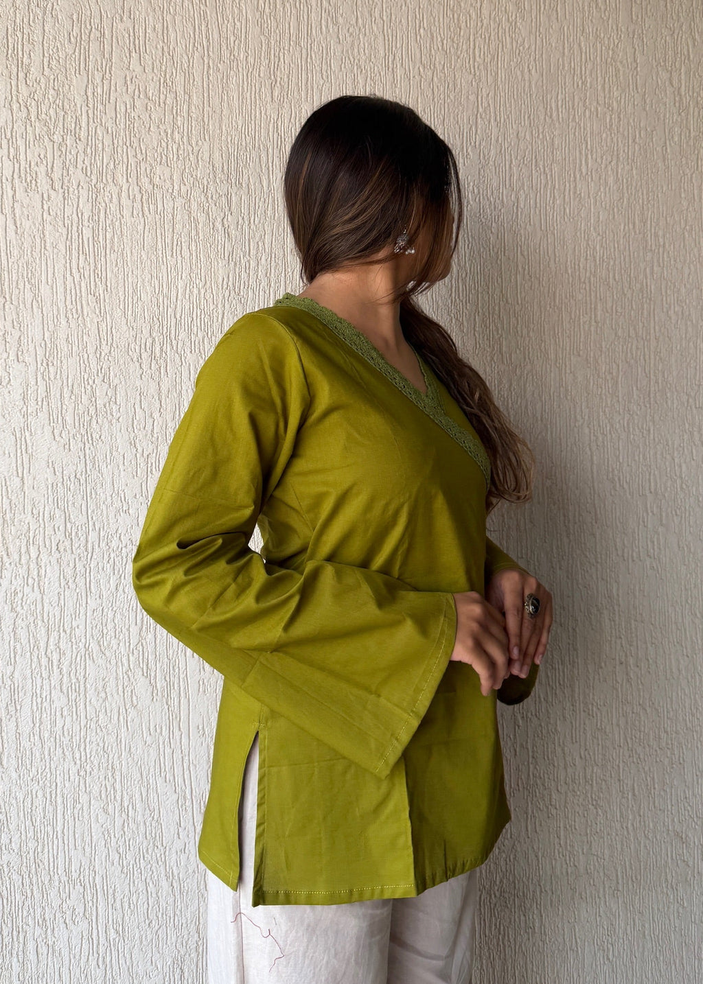 Mehendi solid wrap-tie cotton short kurti