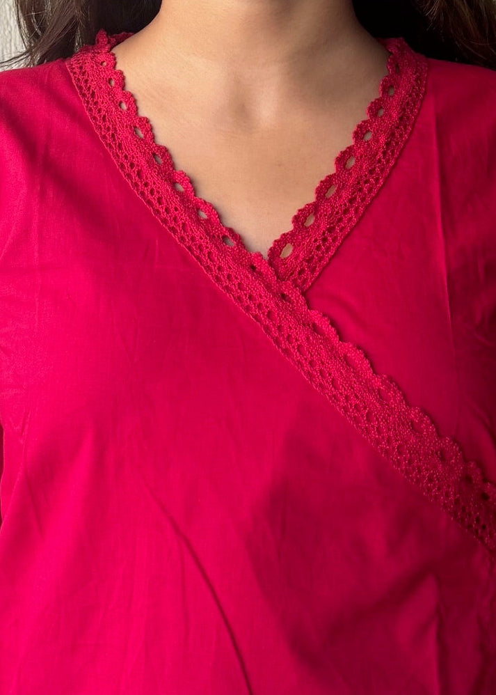 Hot pink solid wrap-tie cotton short kurti