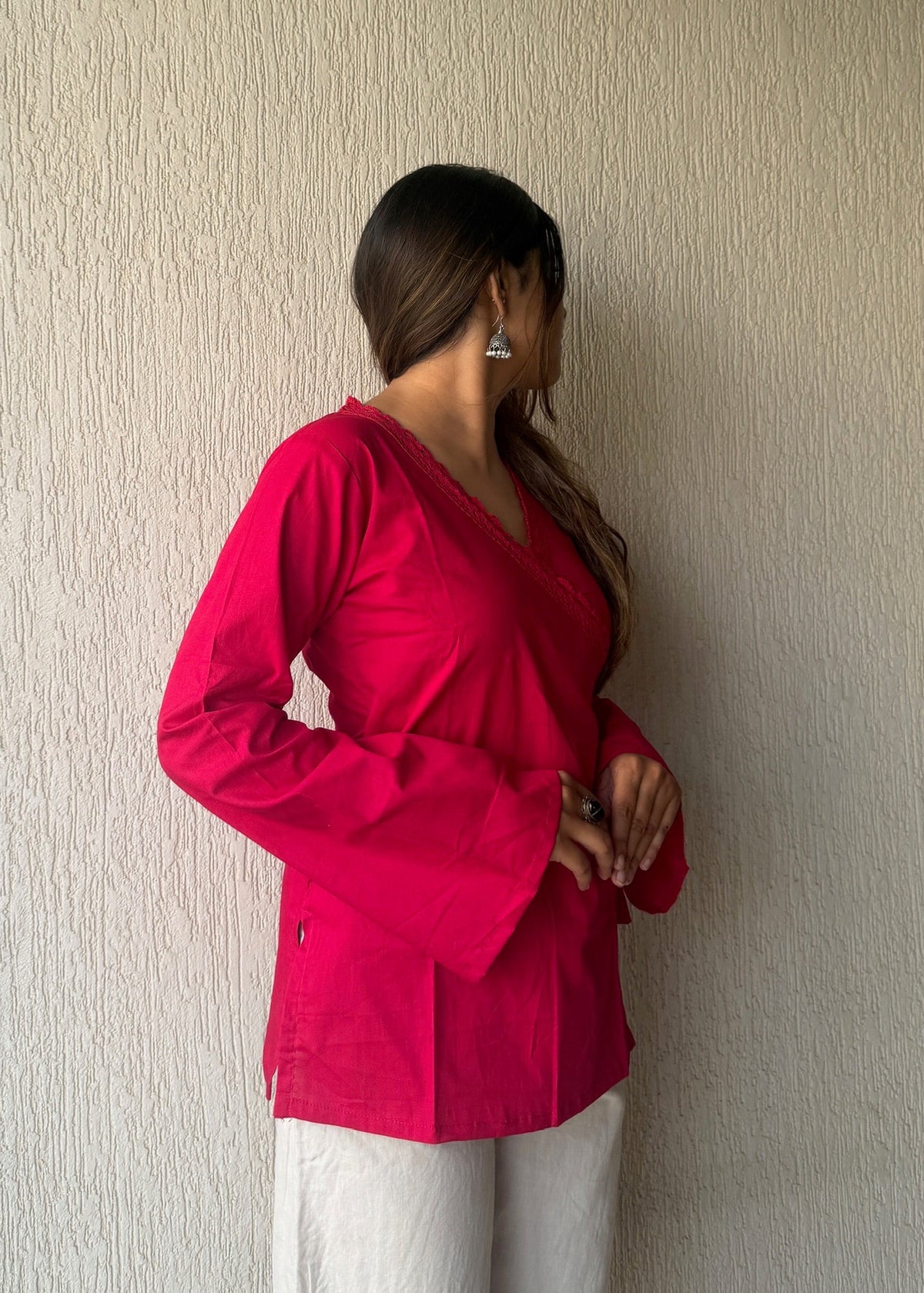 Hot pink solid wrap-tie cotton short kurti