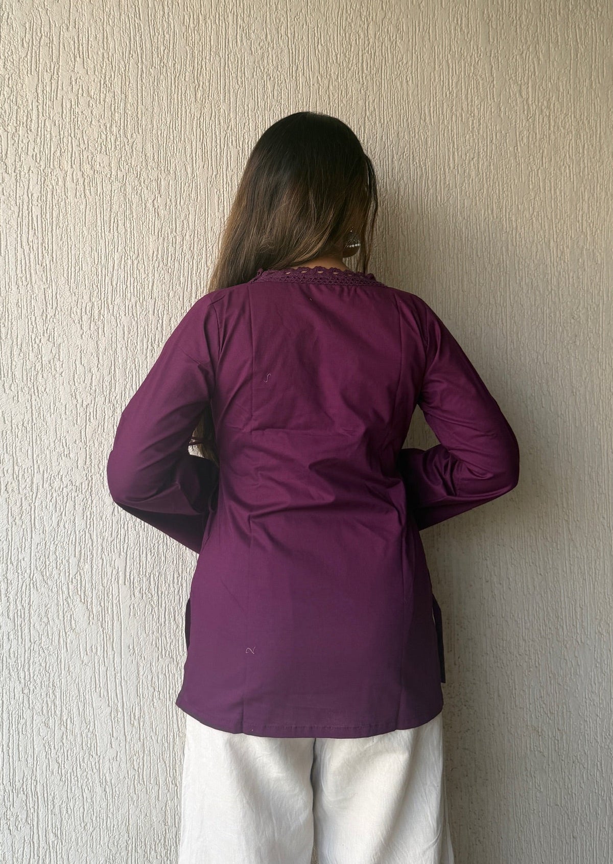 Purple solid wrap-tie cotton short kurti
