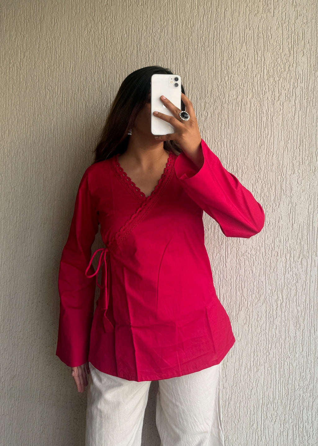 Hot pink solid wrap-tie cotton short kurti