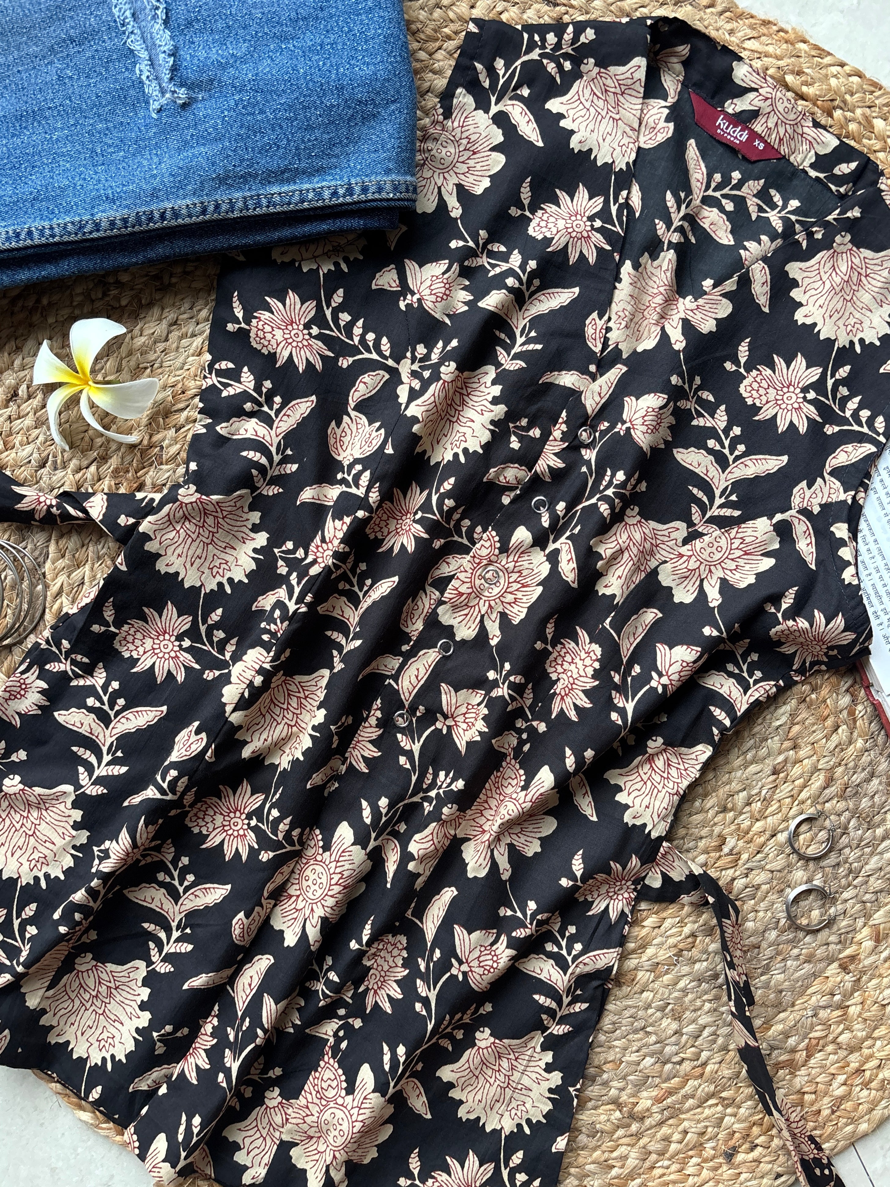 Noor black floral long vest