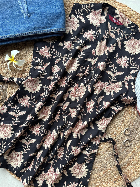Noor black floral long vest