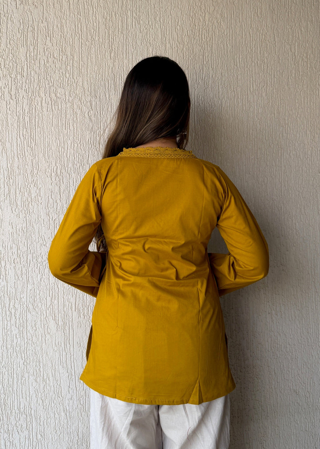 Mustard solid wrap-tie cotton short kurti