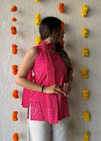 Pink flower cotton short kurti with scarf