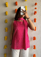 Pink flower cotton short kurti with scarf
