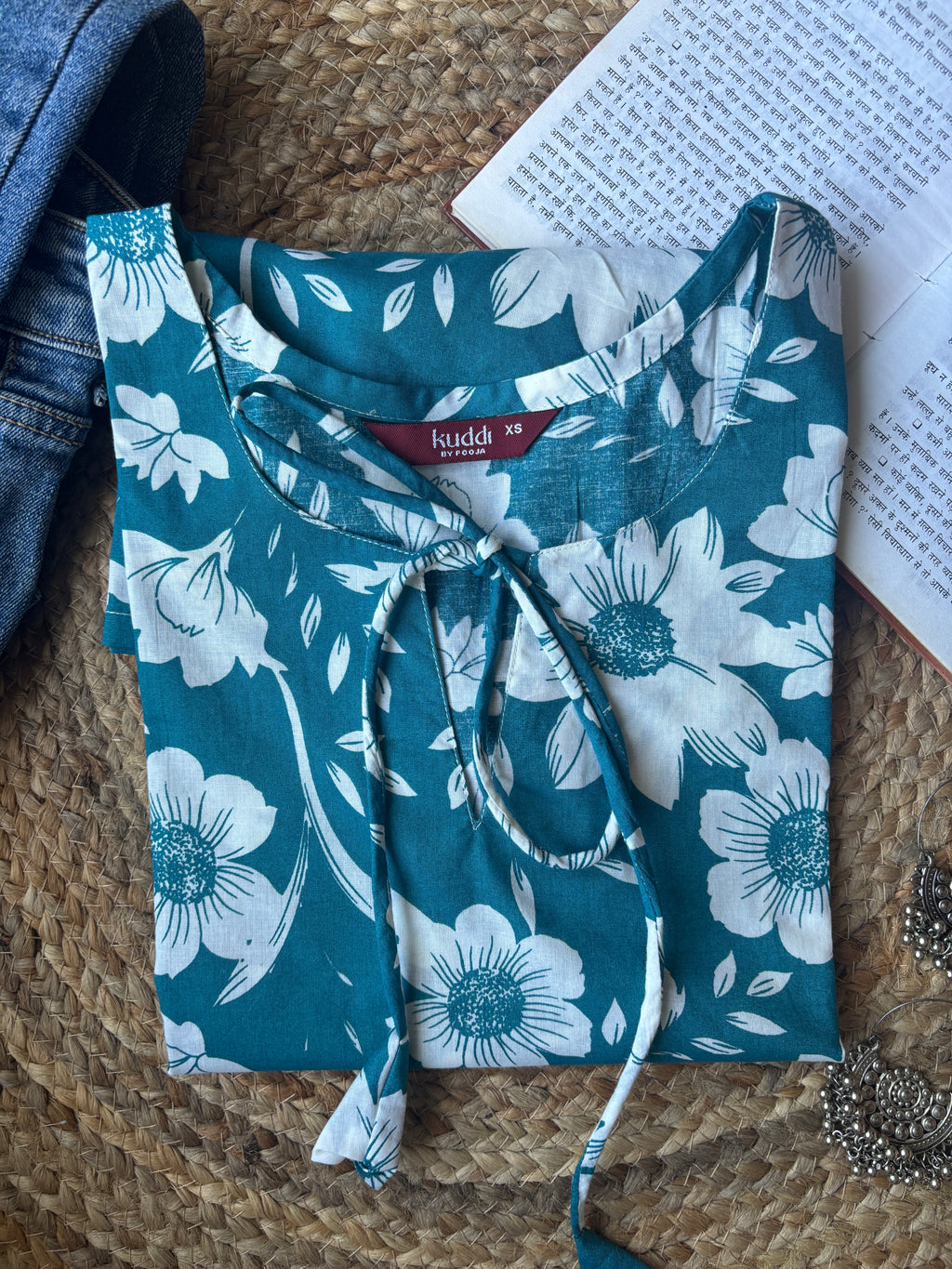 Teal bell sleeves short kurti