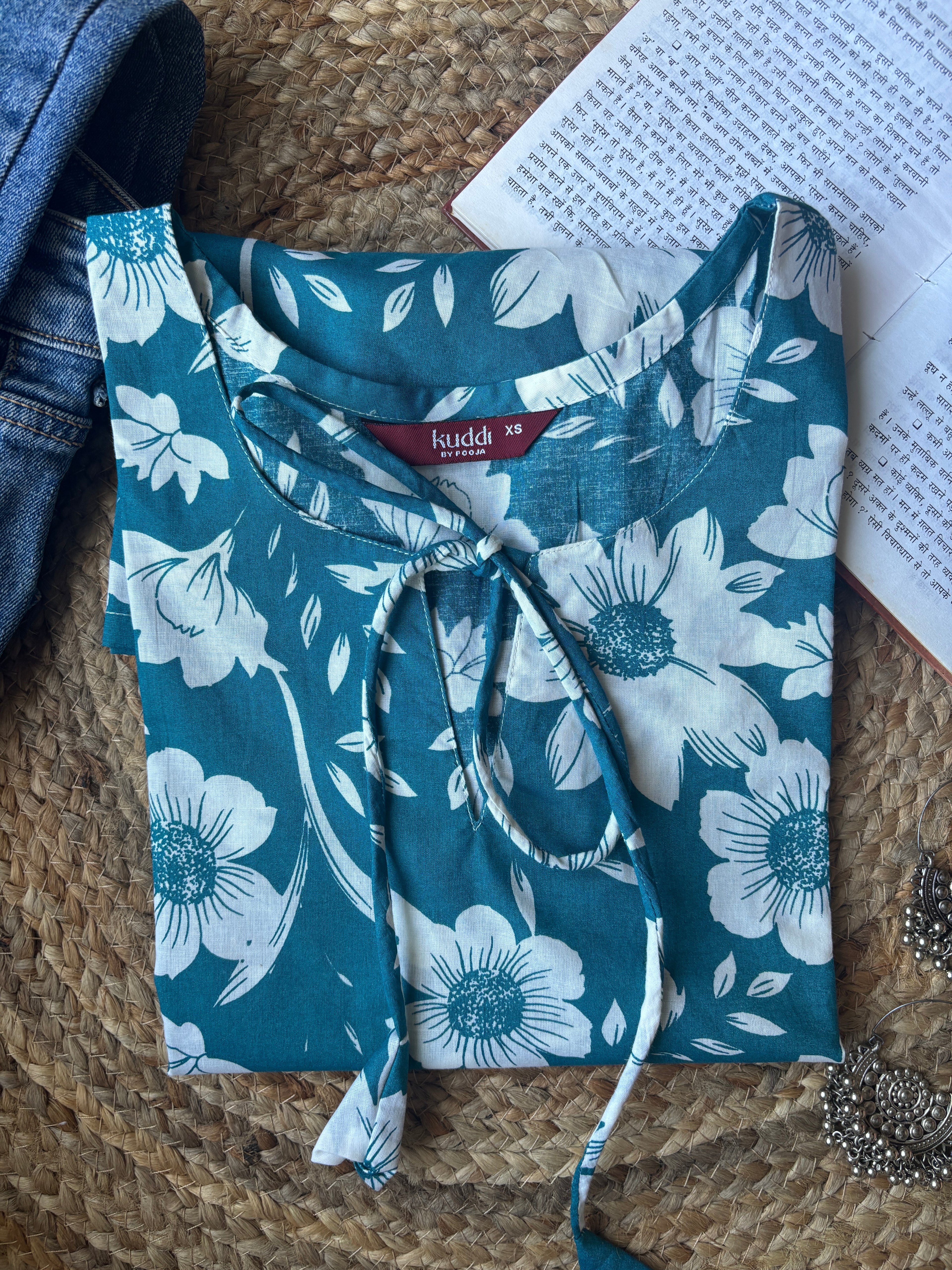 Teal bell sleeves short kurti