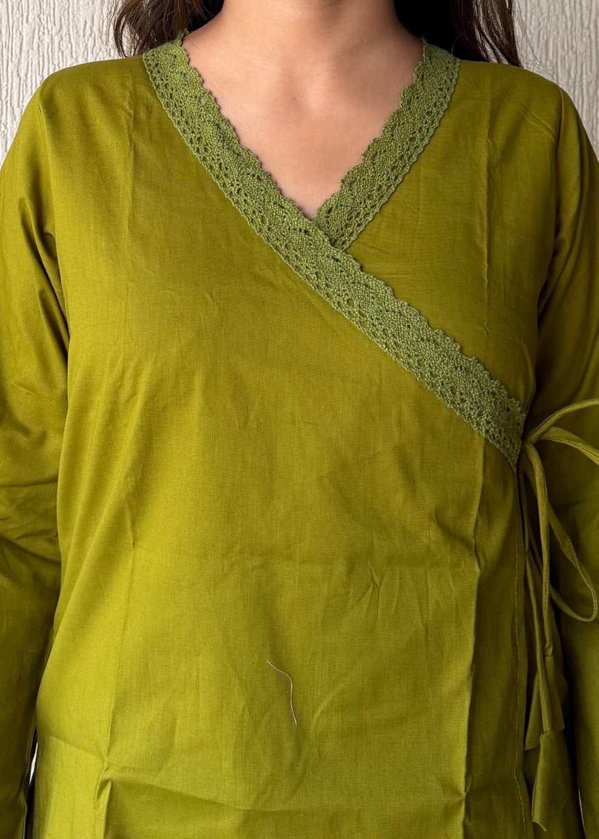Mehendi solid wrap-tie cotton short kurti
