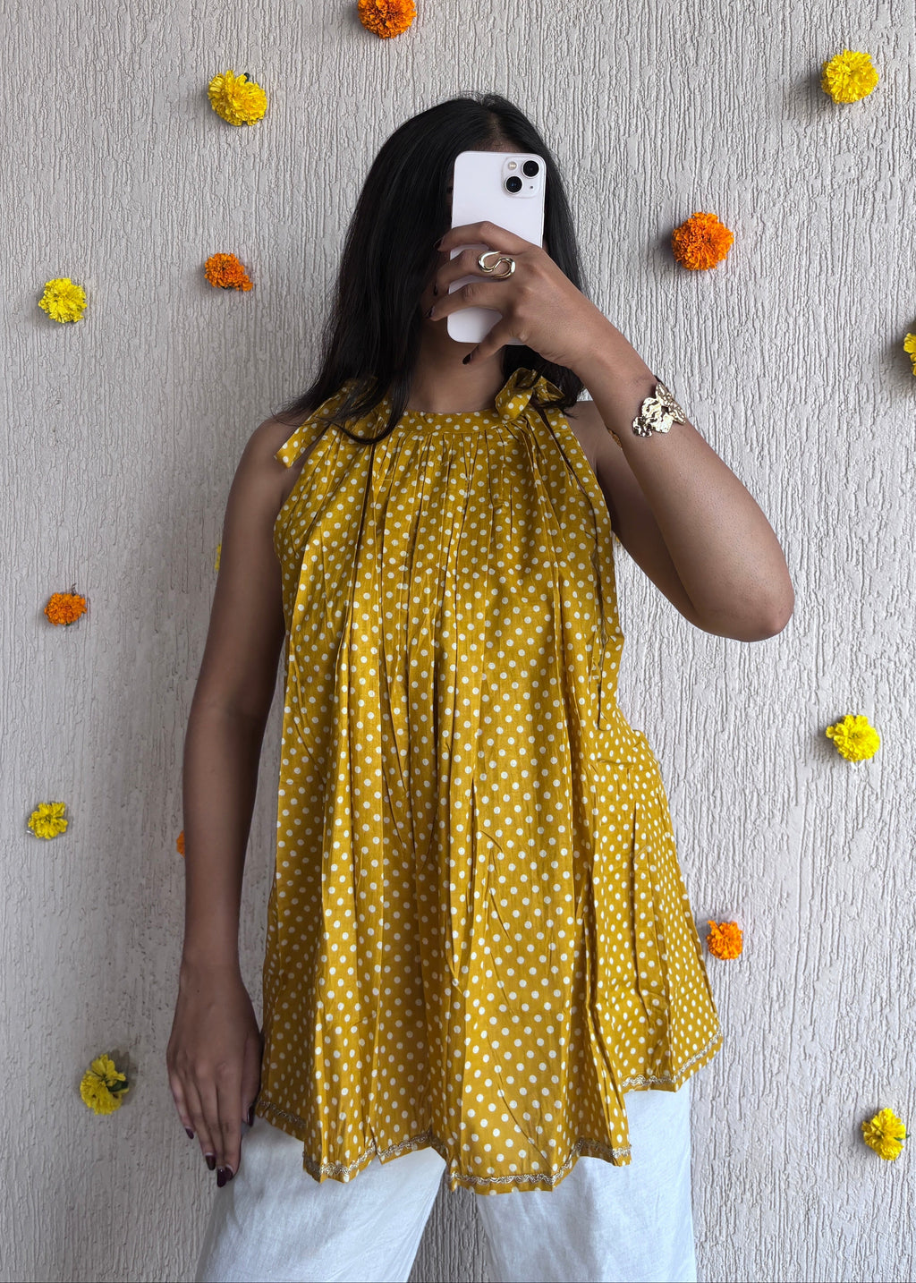 Yellow polka halterneck short kurti
