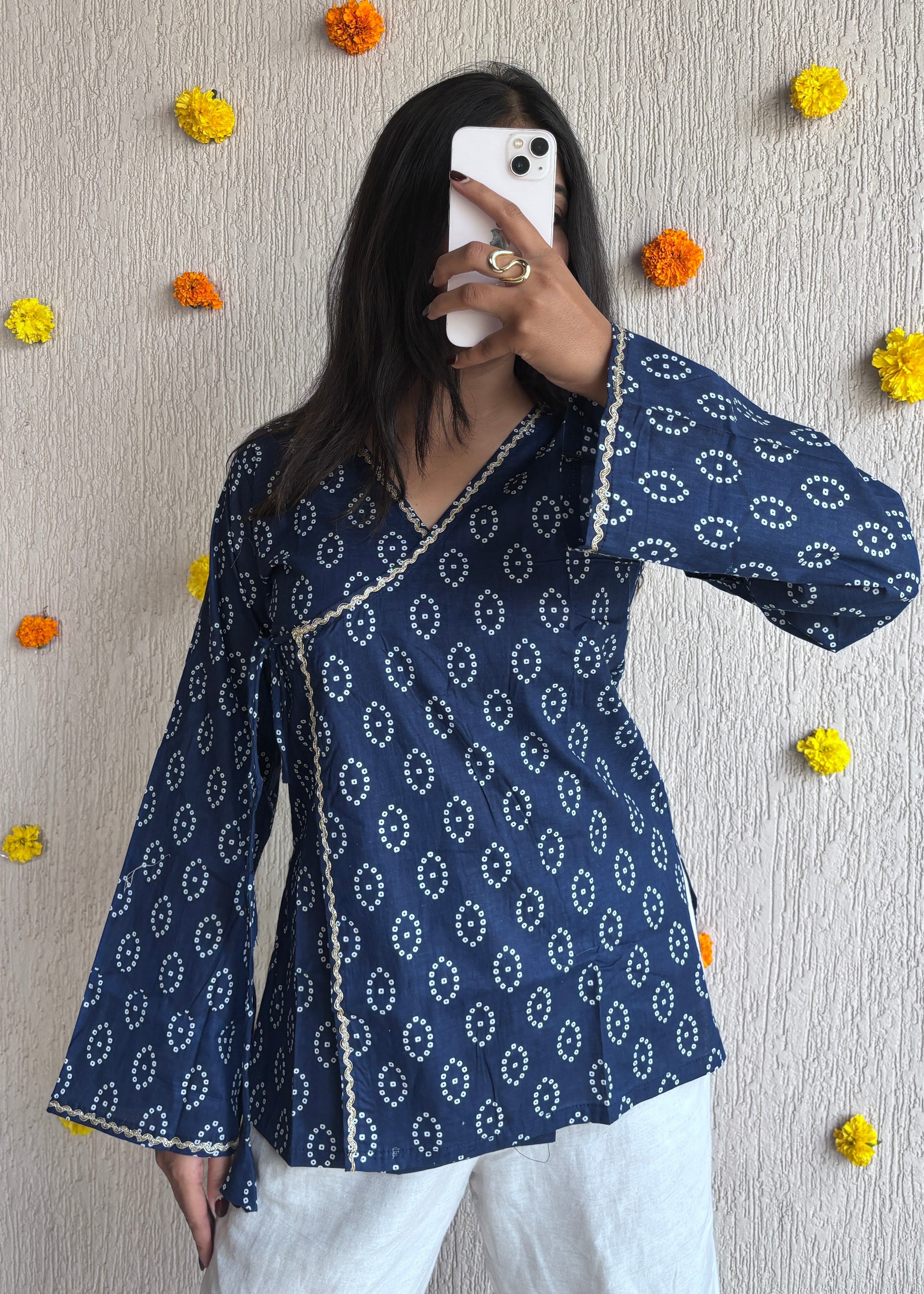 Navyblue Bandhani wrap-tie short kurti