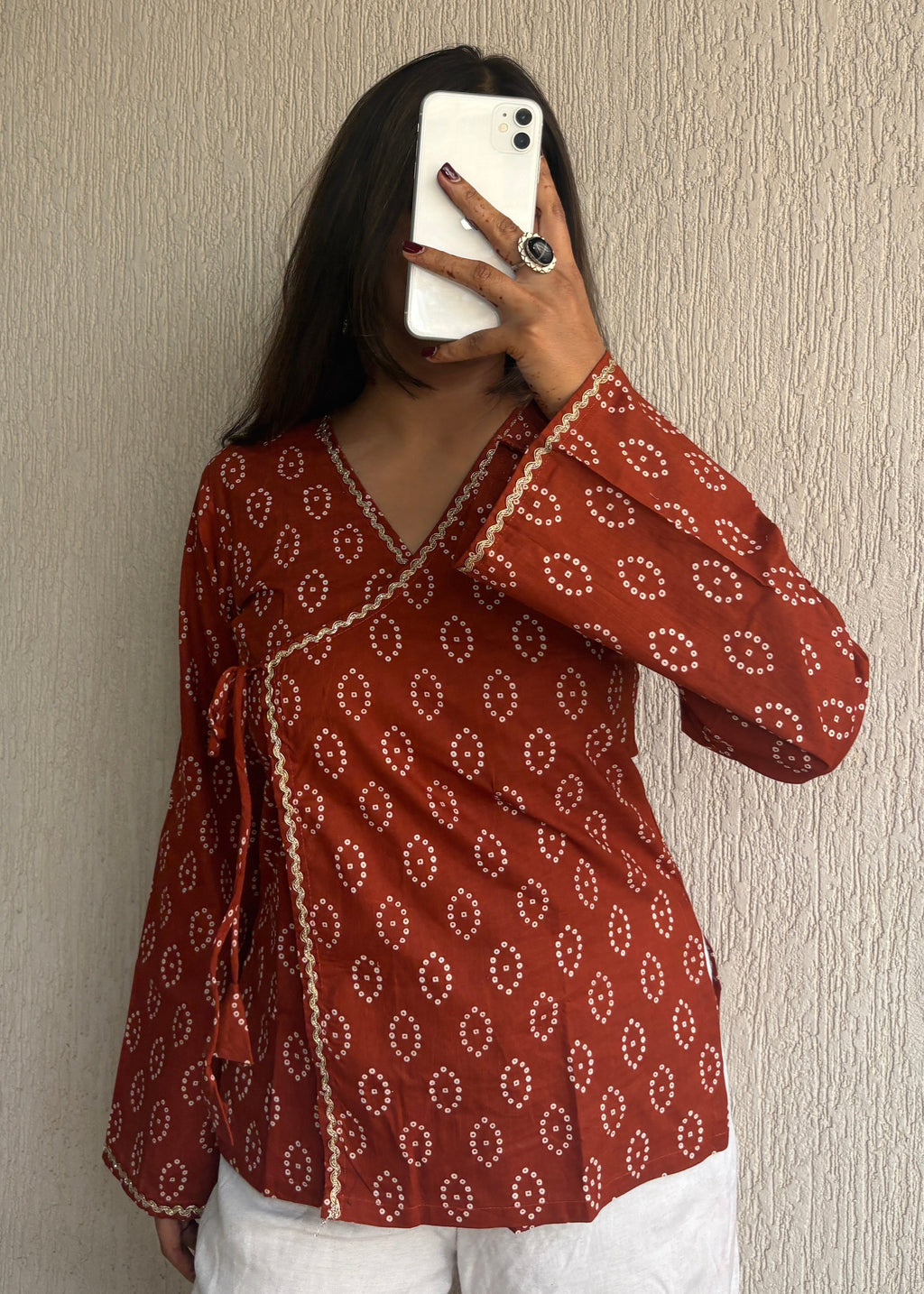 Rust bandhani wrap-tie short kurti