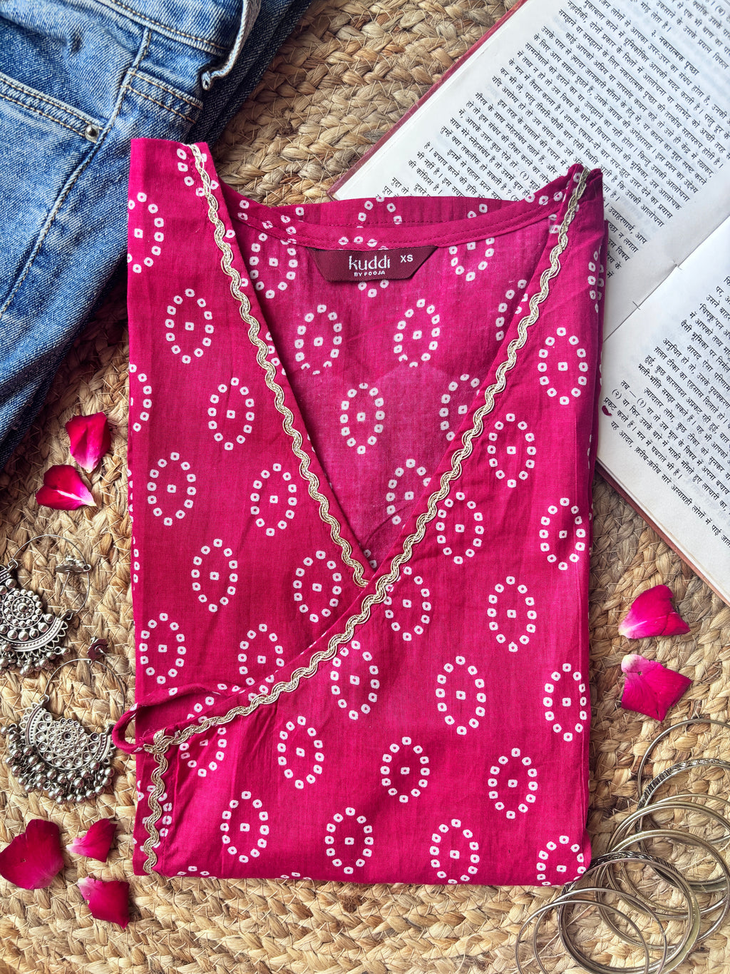 Pink Bandhani wrap-tie short kurti