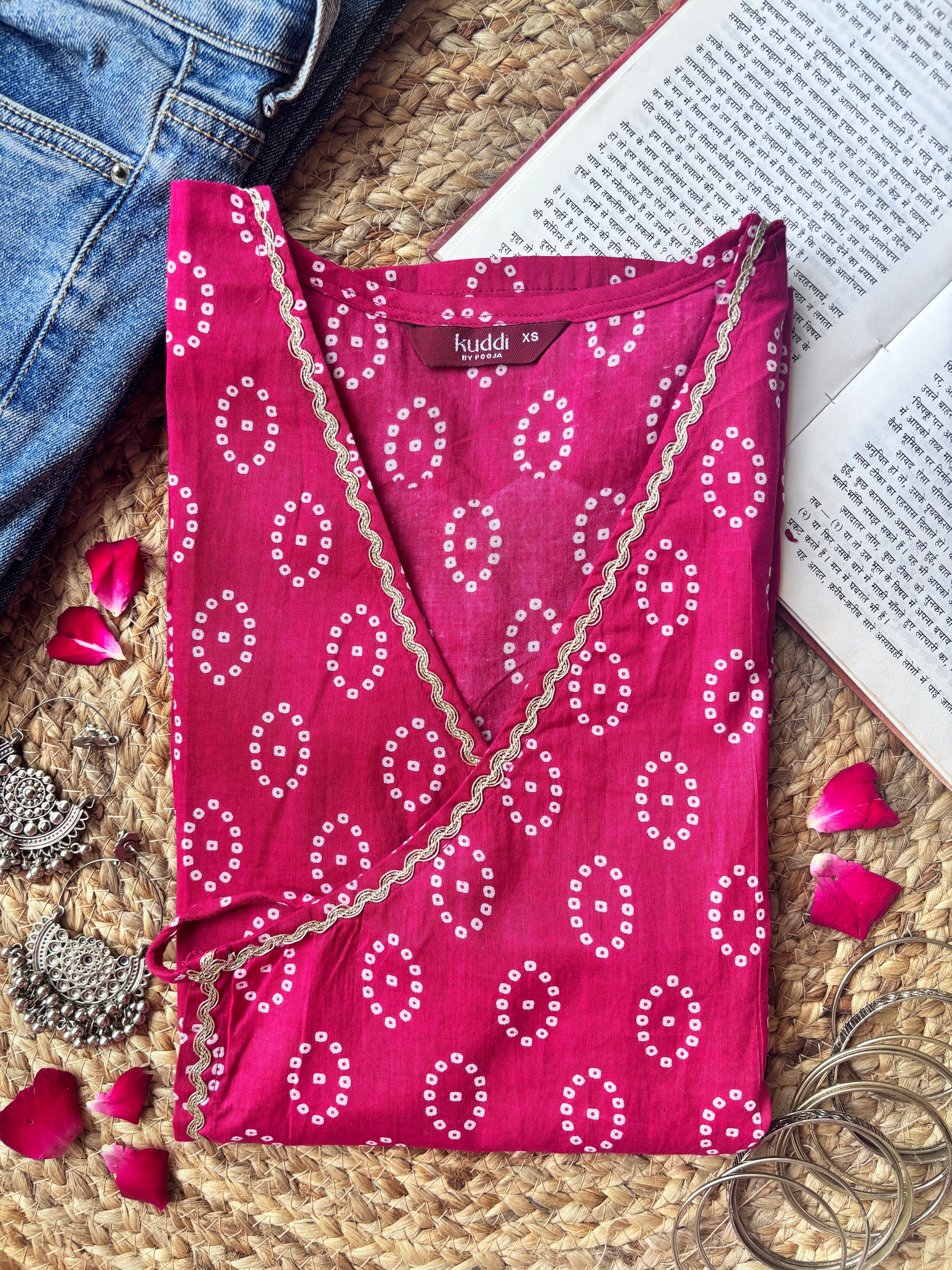 Pink Bandhani wrap-tie short kurti