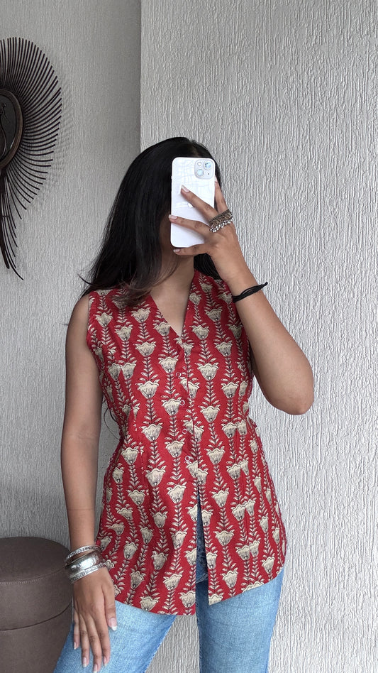 Red floral long vest