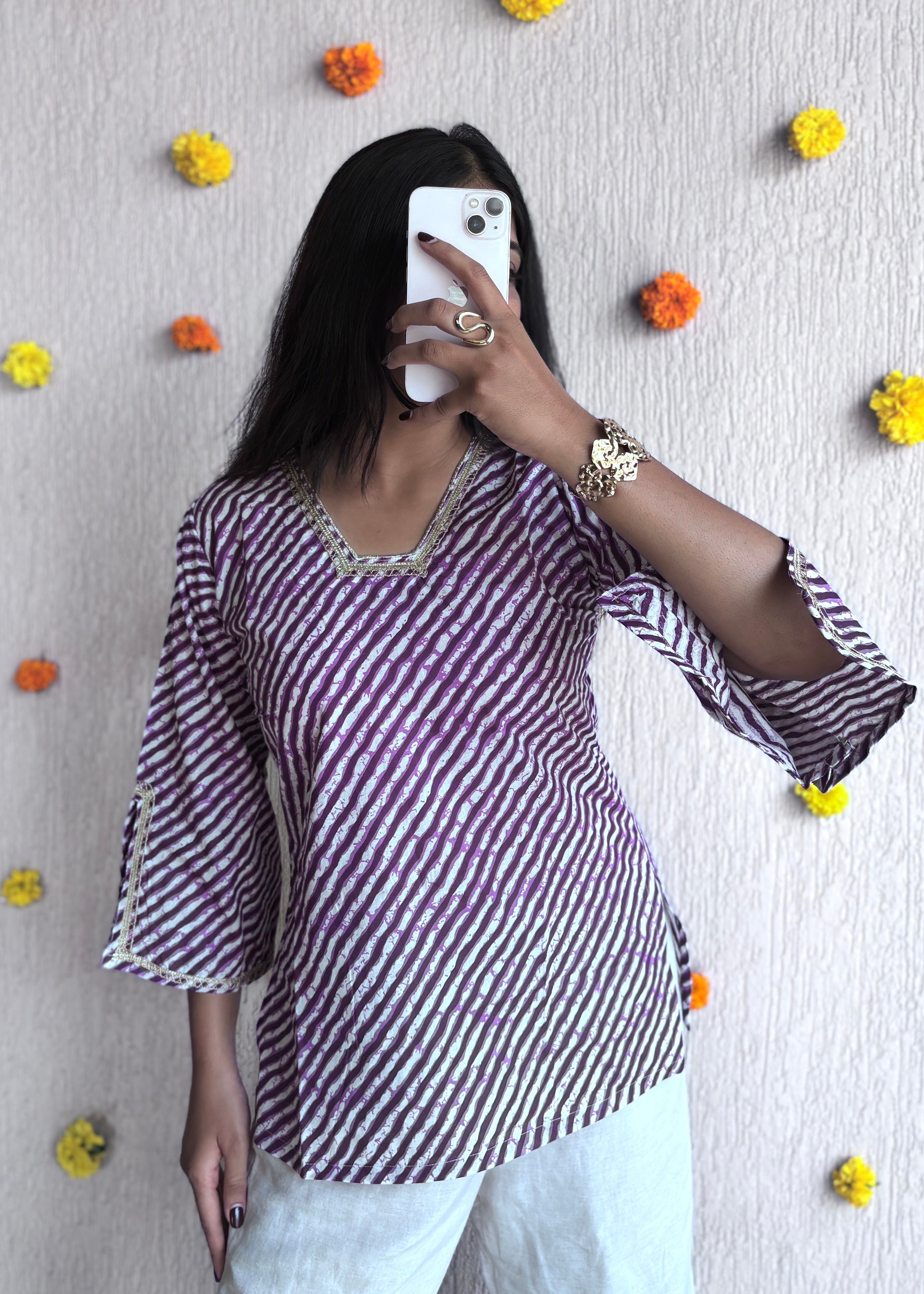 Purple leheriya short kurti