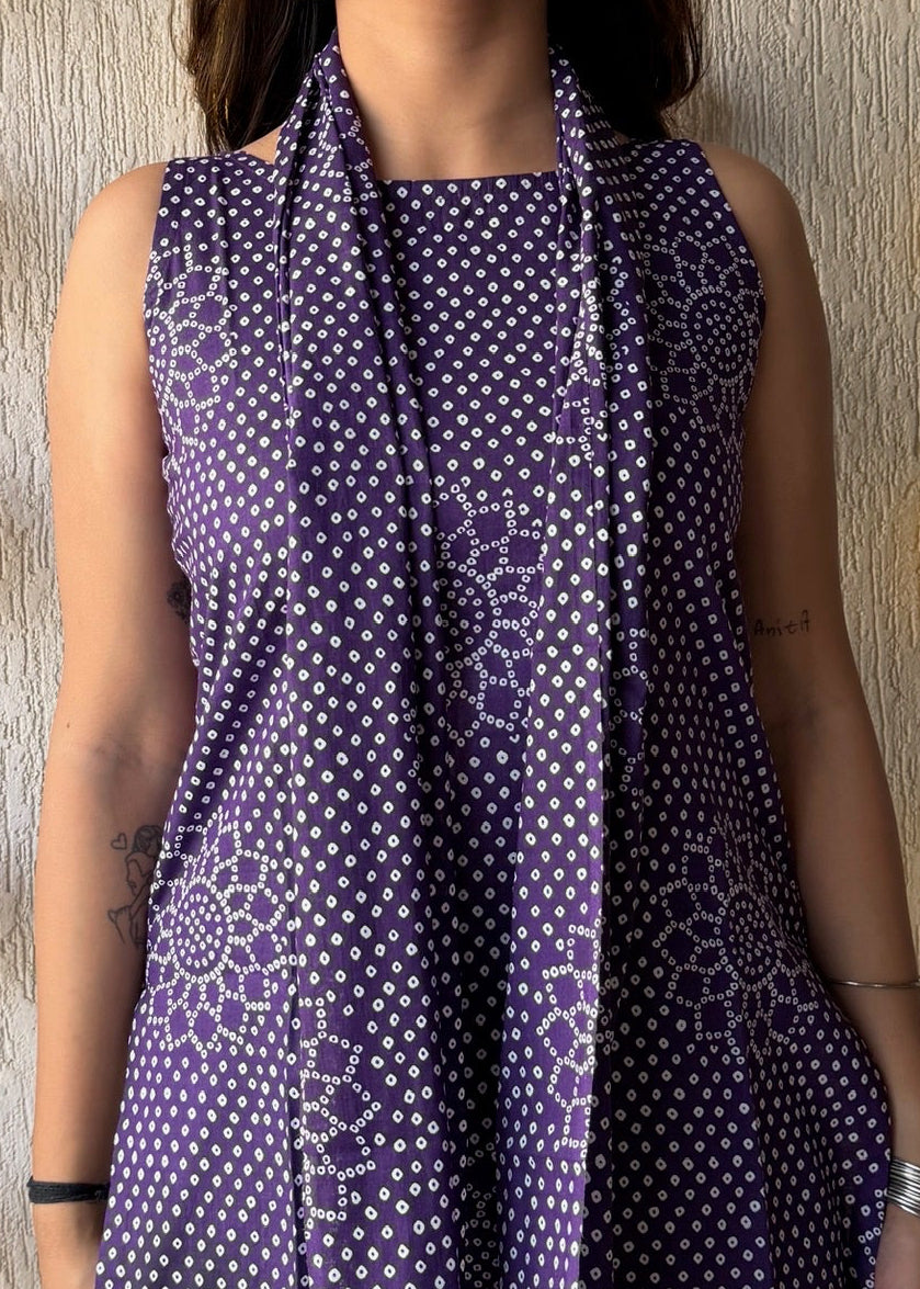 Purple flower cotton short kurti with scarf