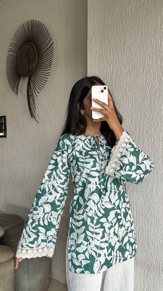 Green bell sleeves short kurti