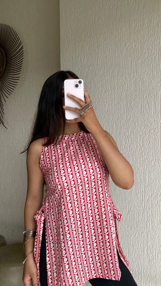 Red stripes halterneck short kurti