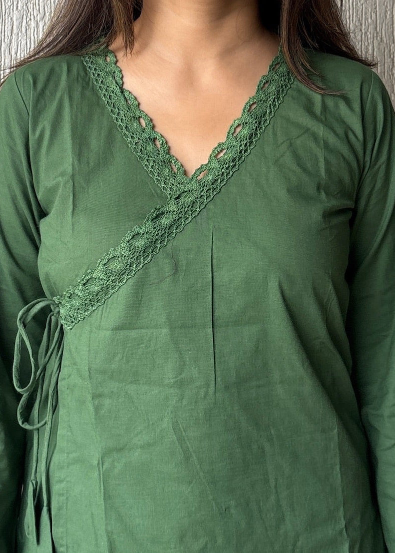 Olive wrap-tie solid cotton kurti