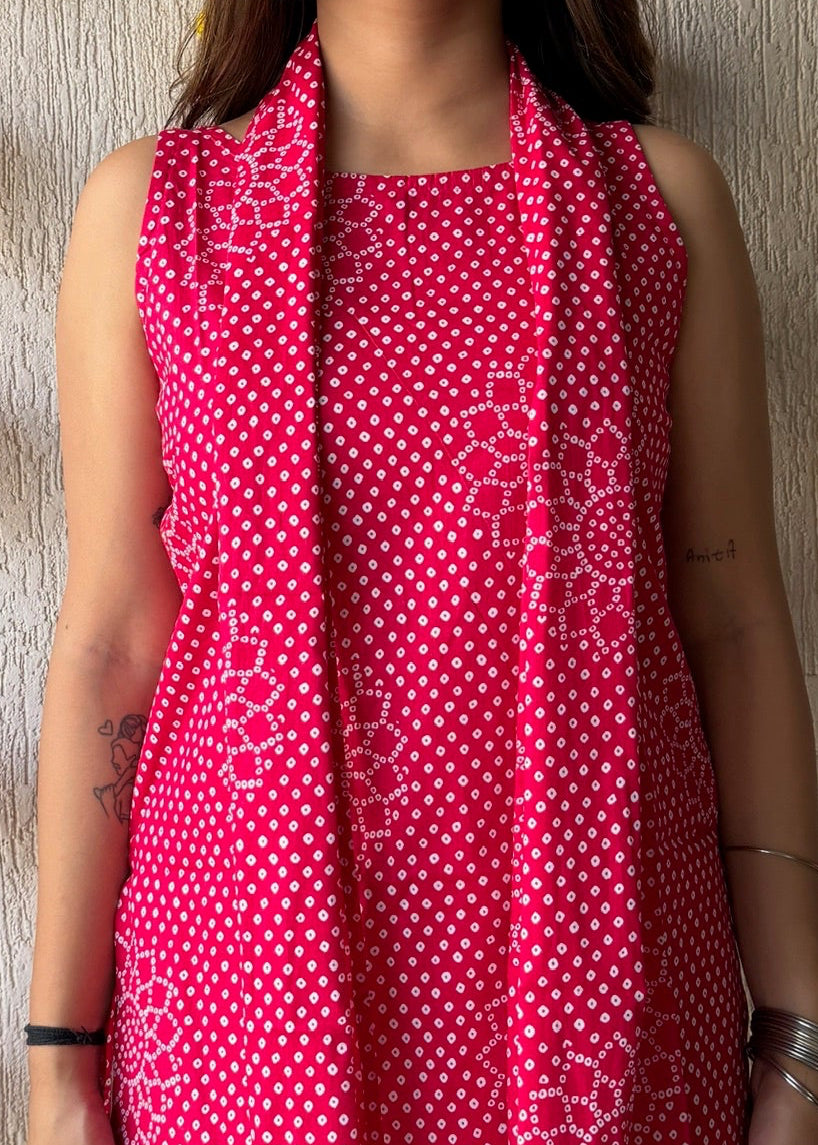 Pink flower cotton short kurti with scarf