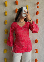Red bell Bandhani cotton short kurti