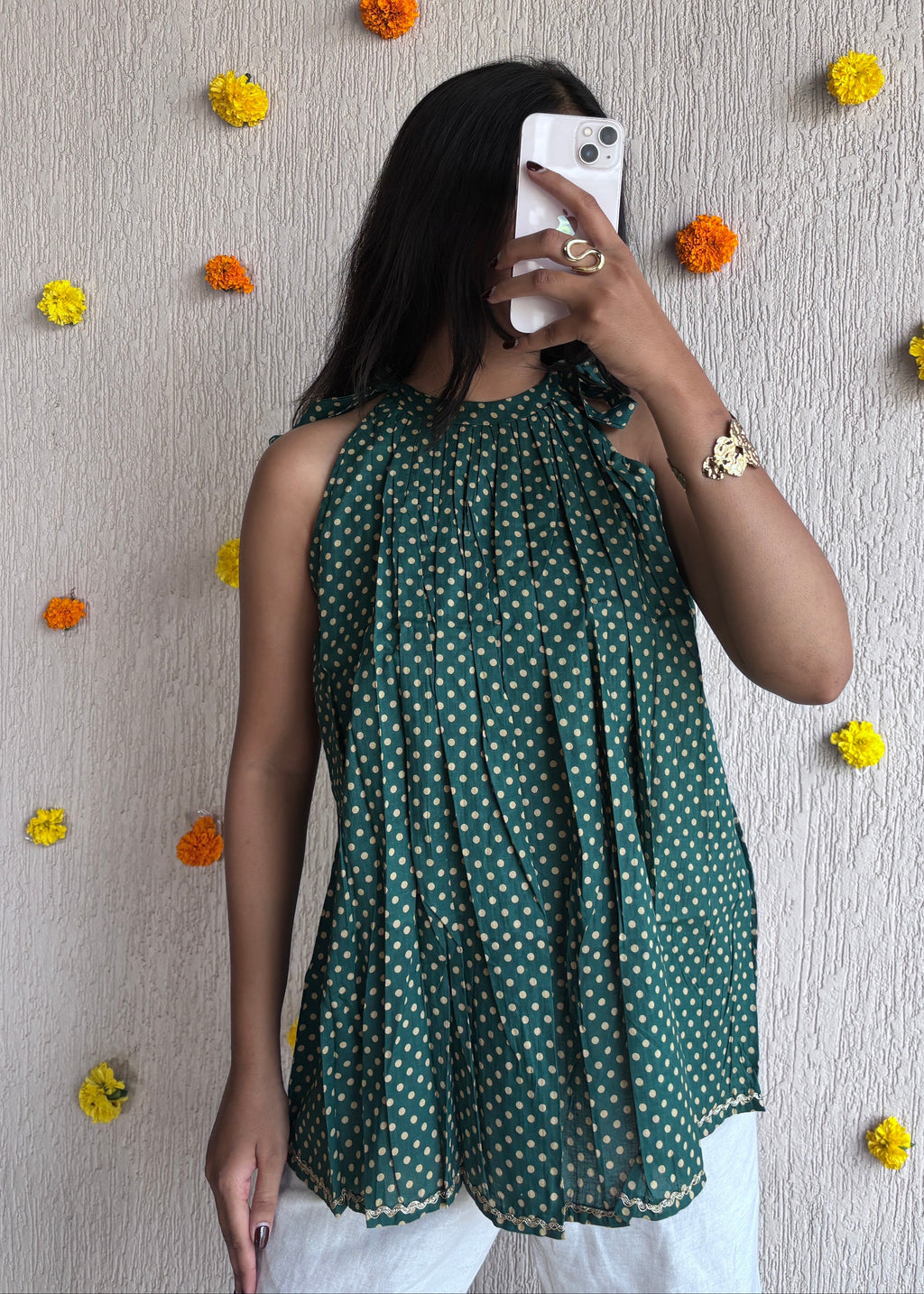 Green polka halterneck short kurti