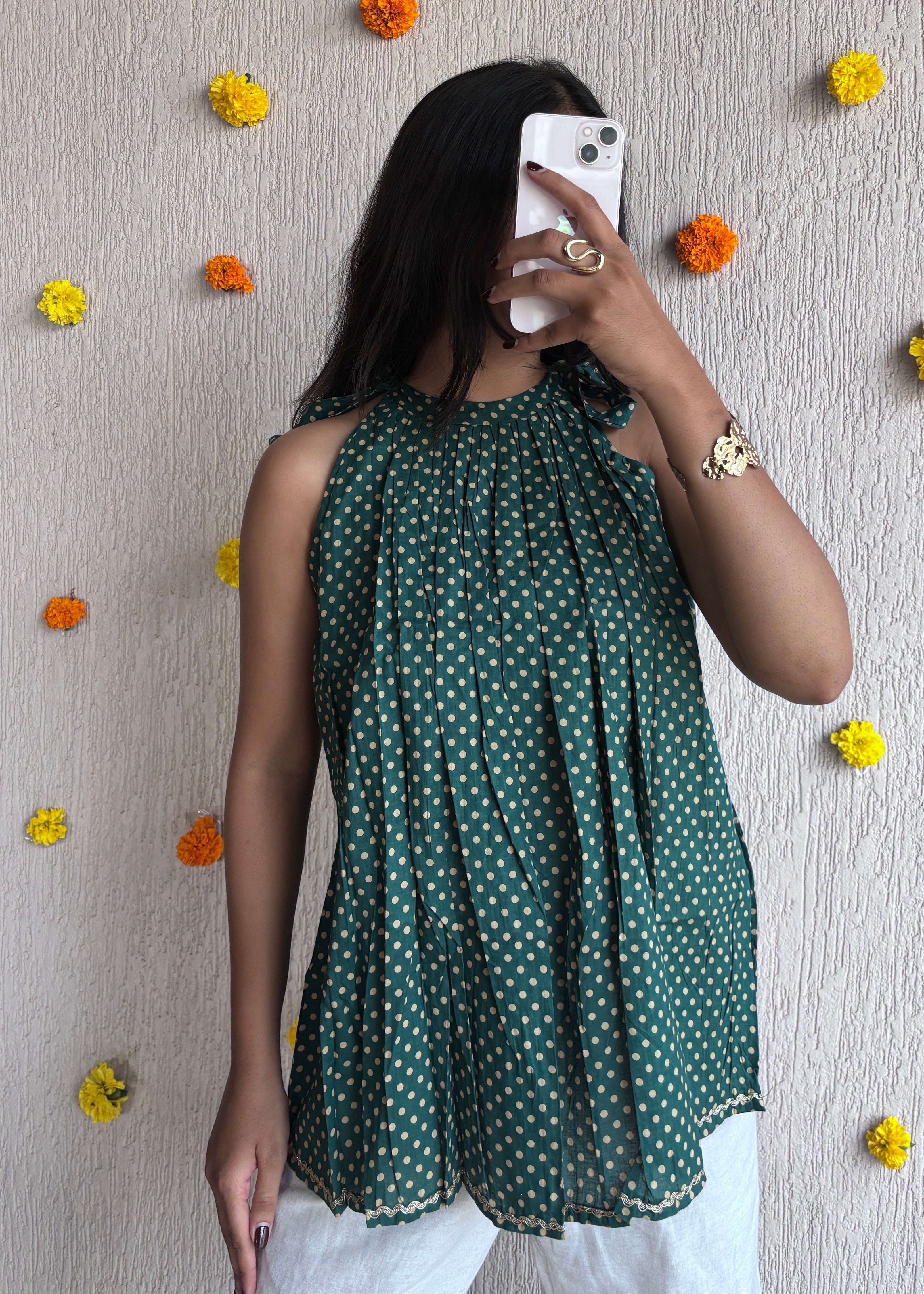 Green polka halterneck short kurti