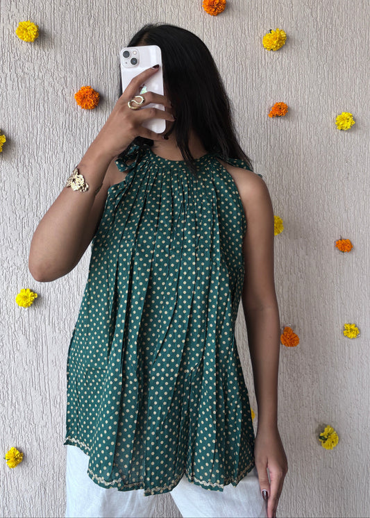 Green polka halterneck short kurti