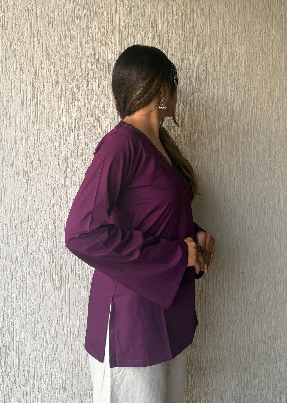 Purple solid wrap-tie cotton short kurti