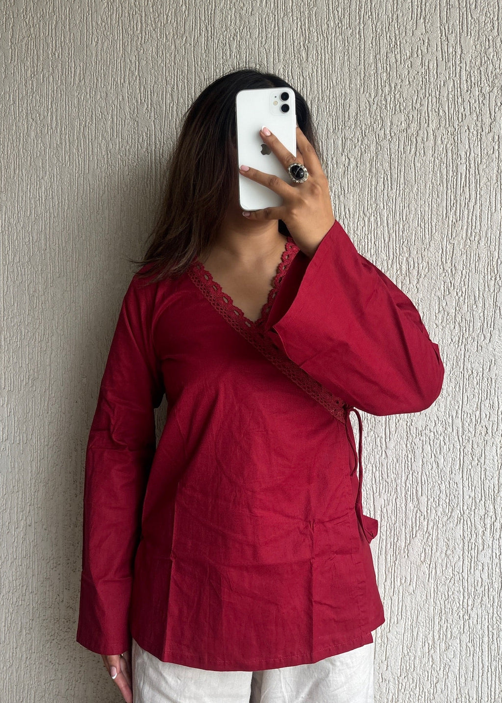 Cherry wrap-tie solid cotton kurti