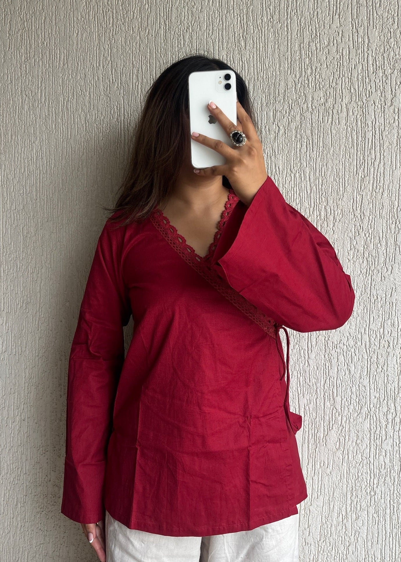 Cherry wrap-tie solid cotton kurti