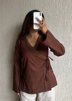 Chocolate wrap-tie solid cotton kurti