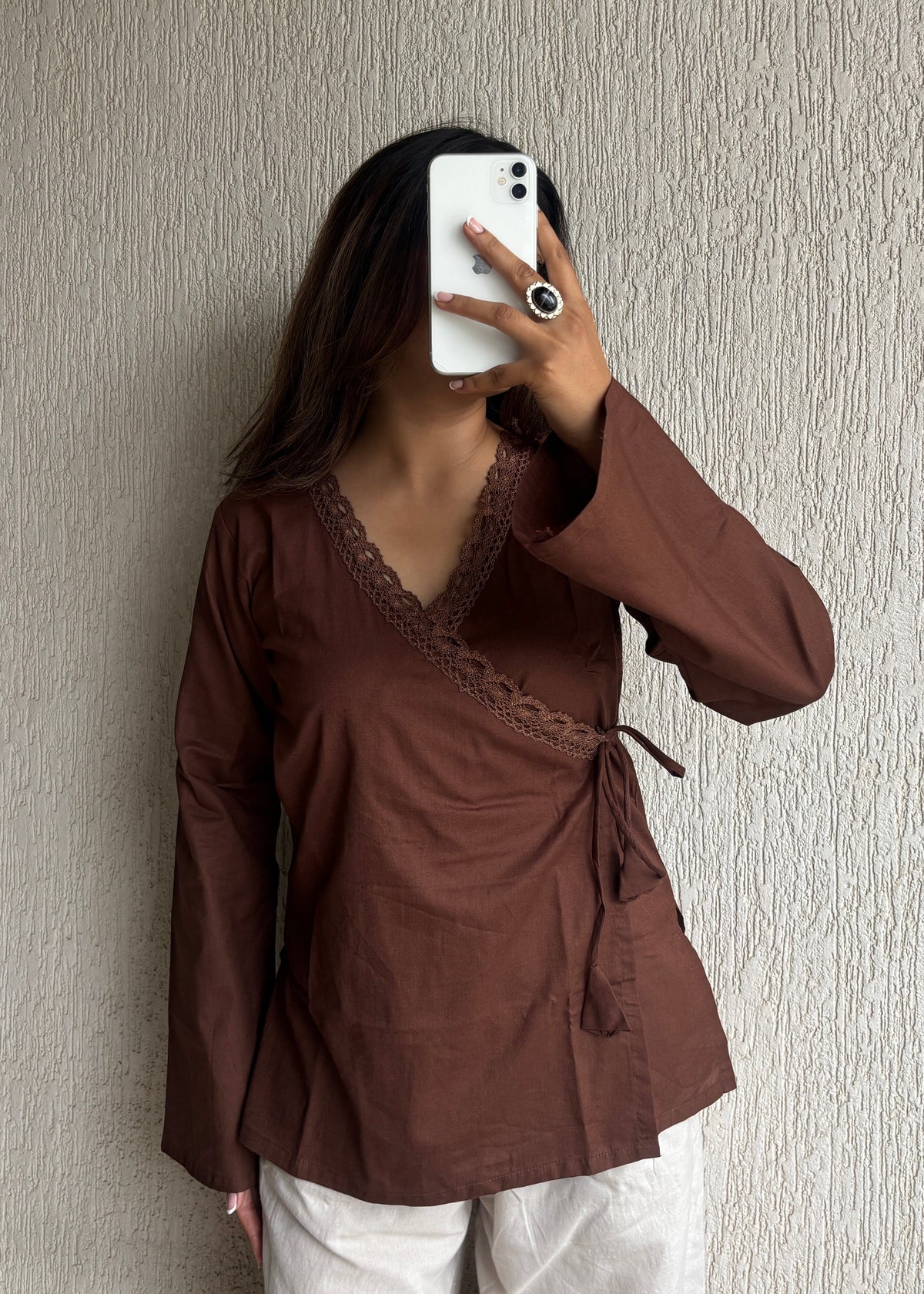 Chocolate wrap-tie solid cotton kurti
