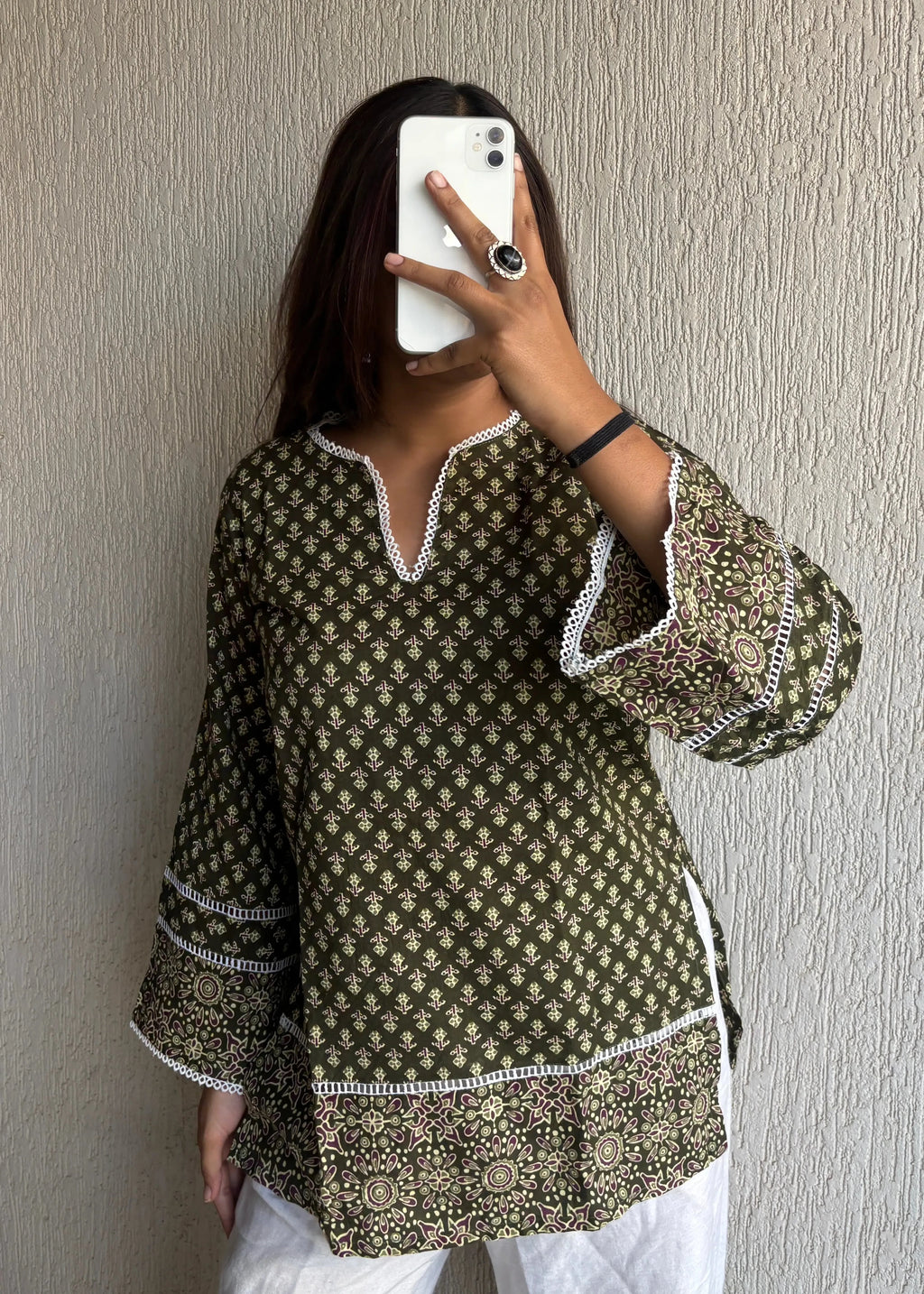 Heritage green cotton short kurti