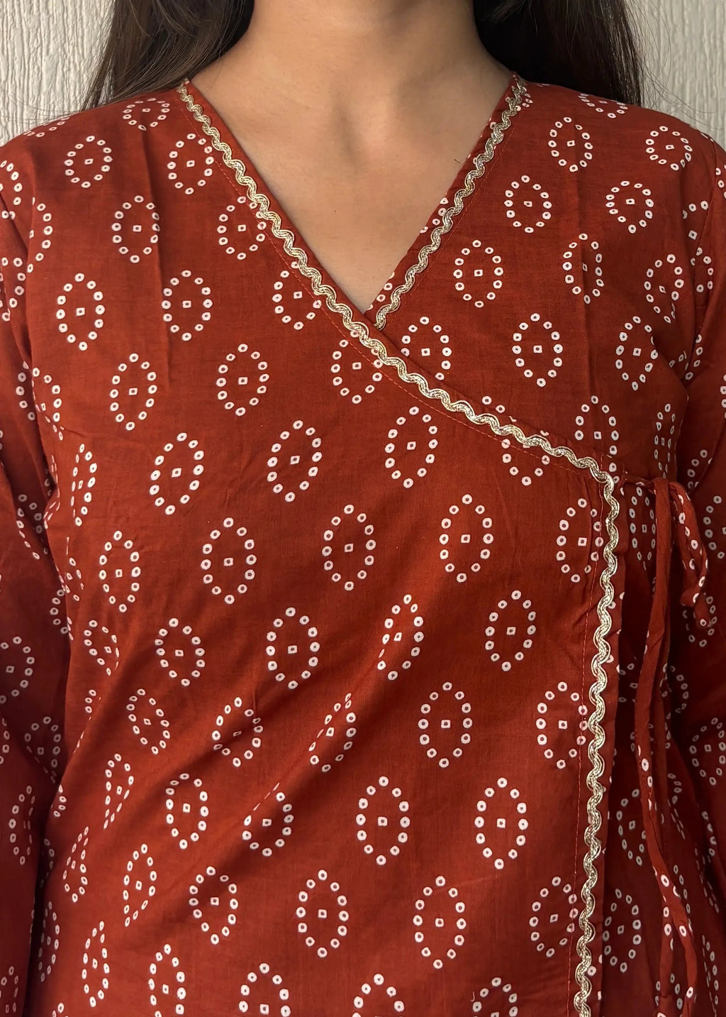 Rust bandhani wrap-tie cotton short kurti