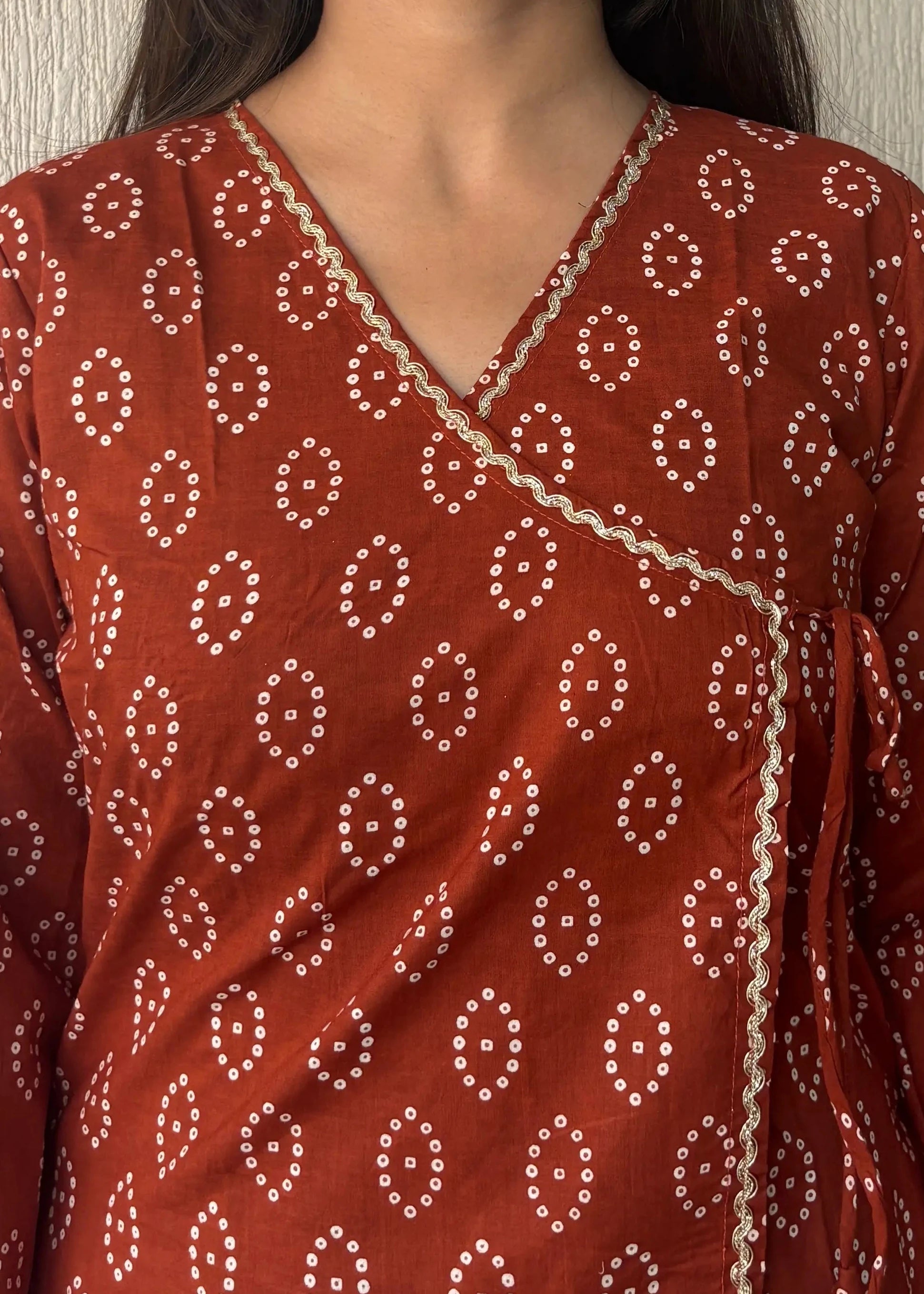 Rust bandhani wrap-tie short kurti