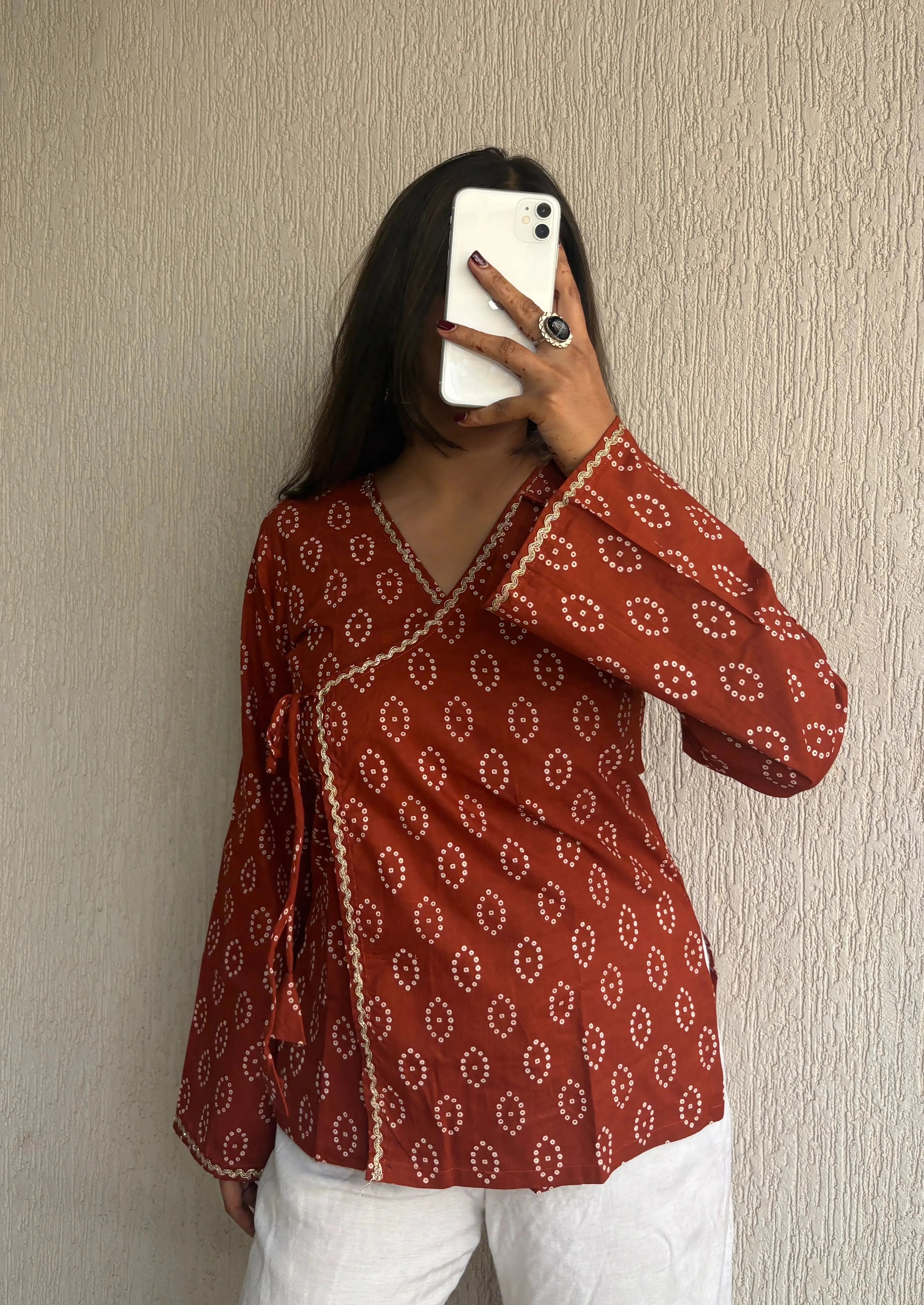 Rust bandhani wrap-tie short kurti