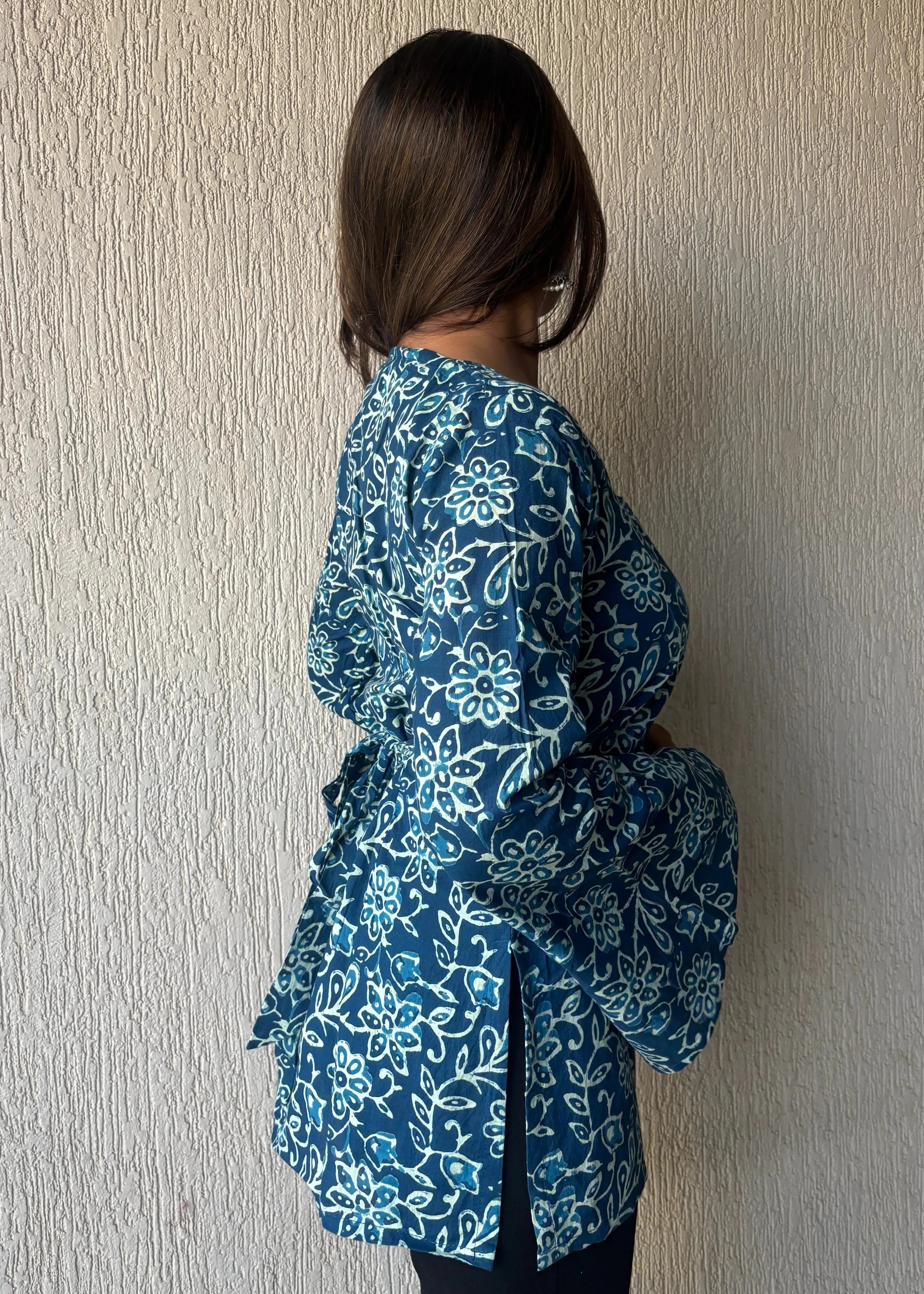 Floral blue square neck short kurti