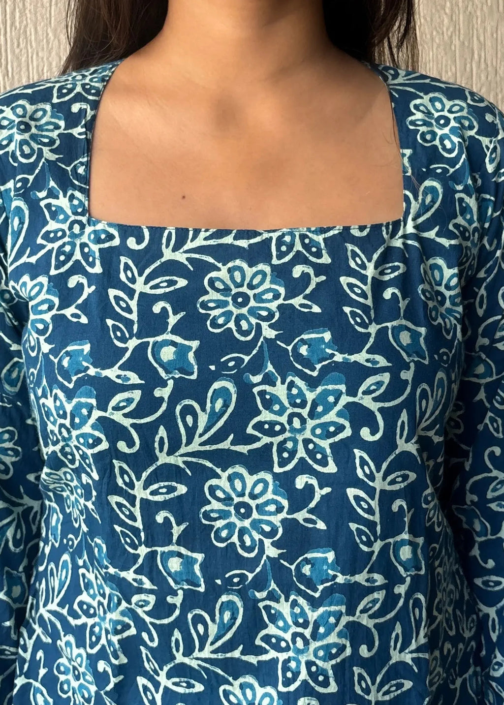 Floral blue square neck cotton short kurti