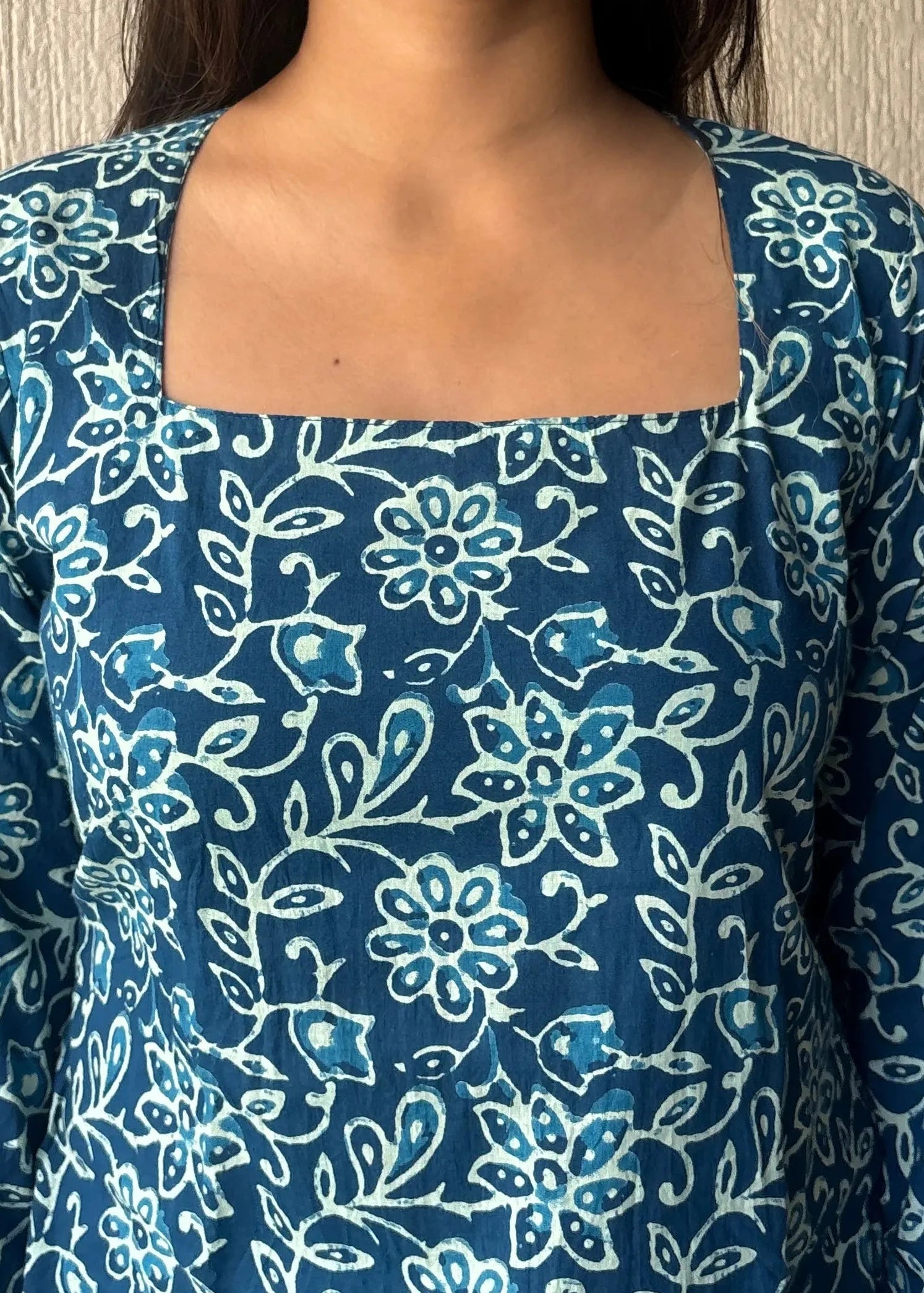 Floral blue square neck short kurti
