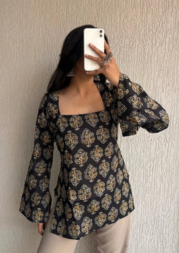 Black square neck cotton short kurti
