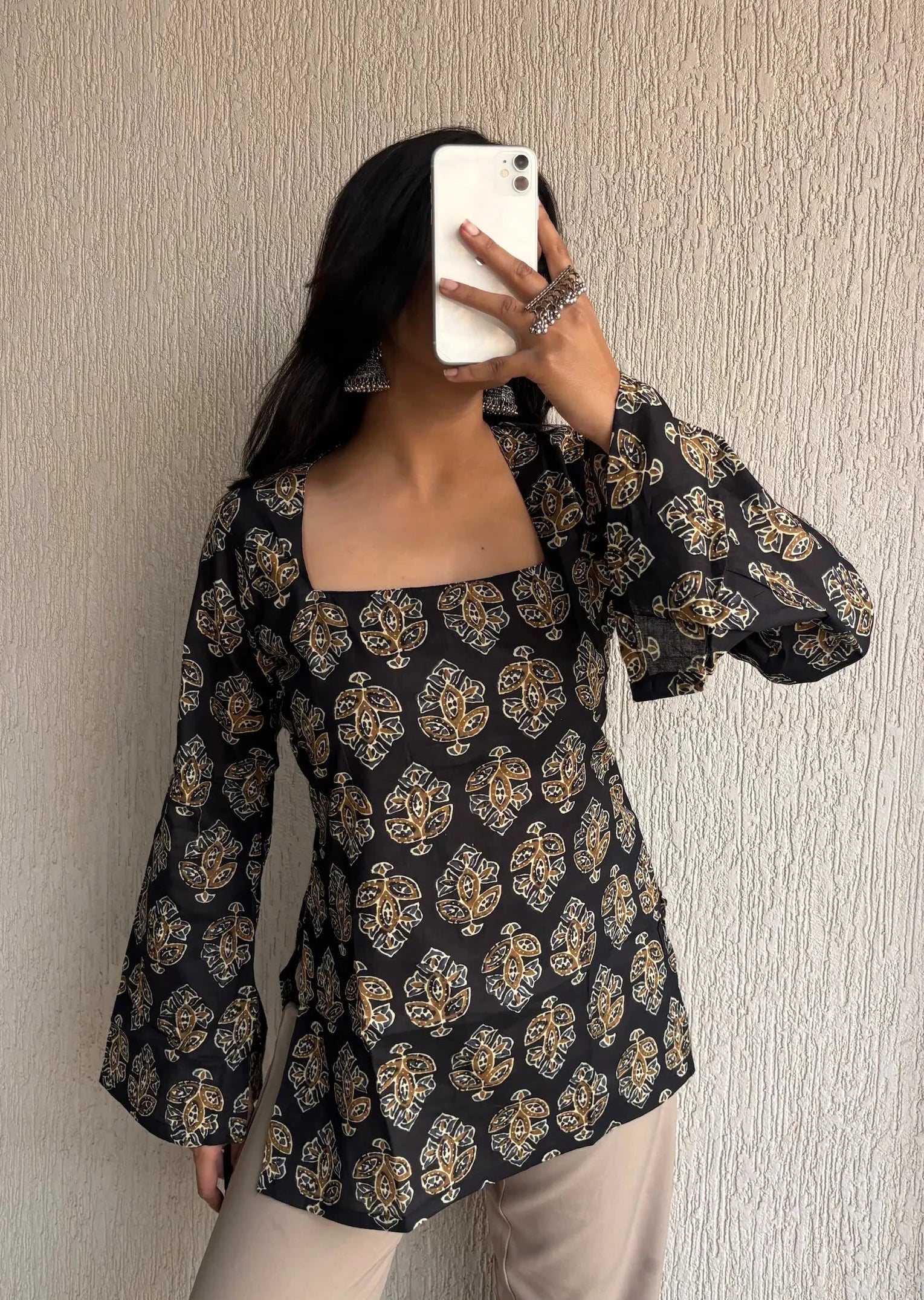 Black square neck cotton short kurti