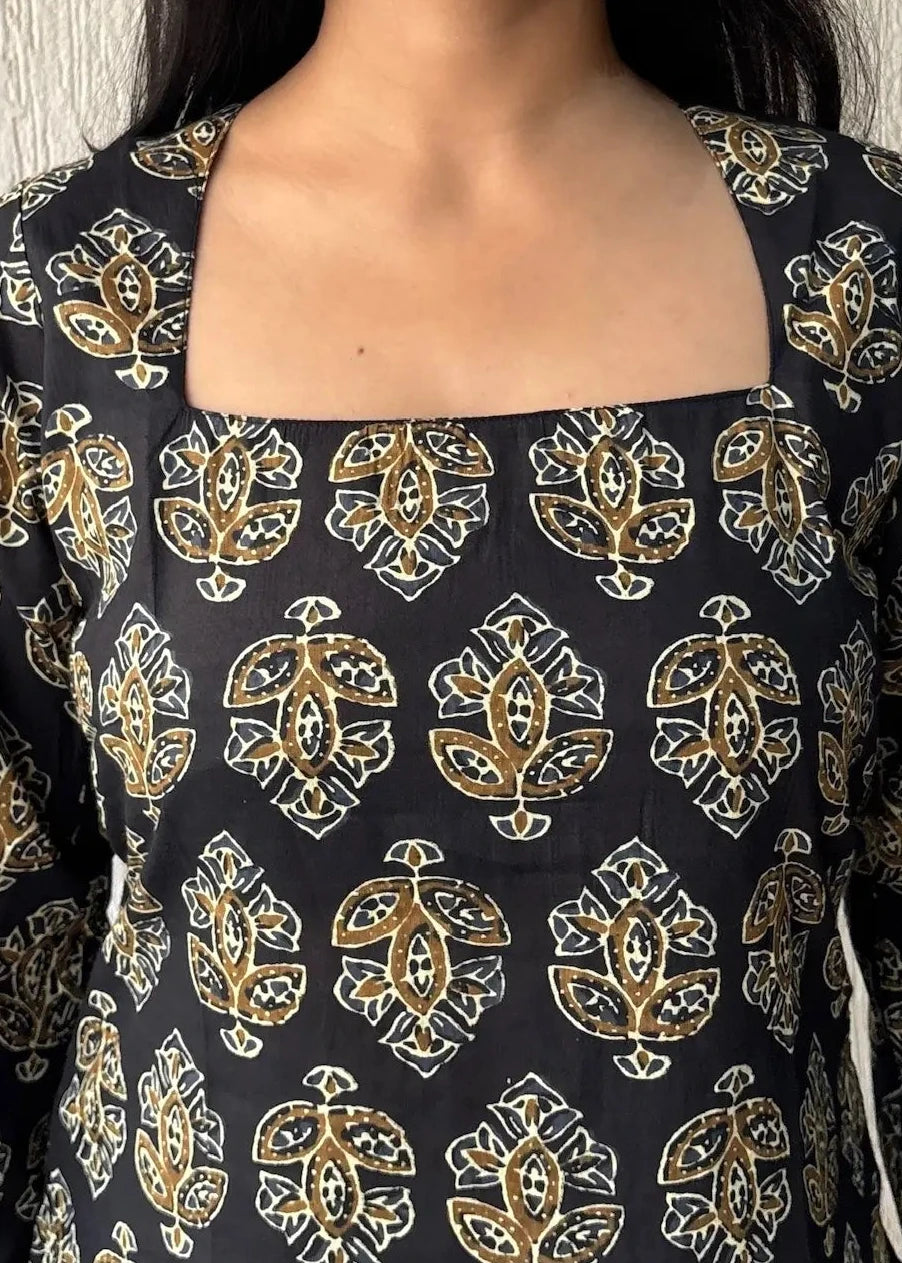 Black square neck cotton short kurti