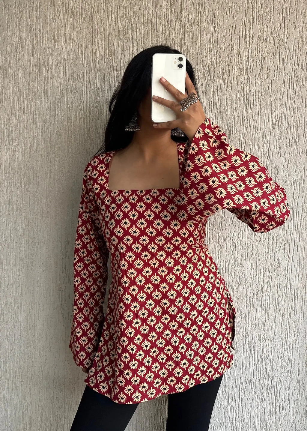 Maroon square neck cotton short kurti