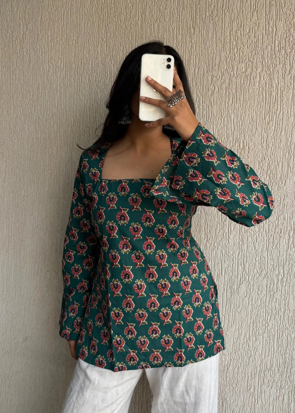 Green square neck cotton short kurti
